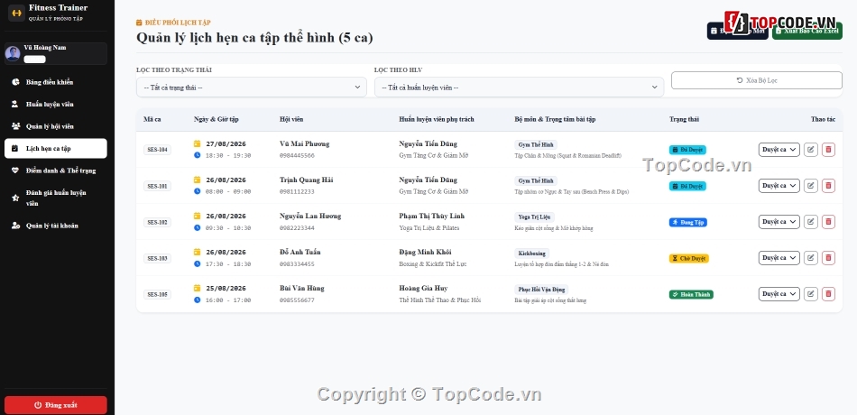 thể hình,đặt lịch,code tập thể hình
